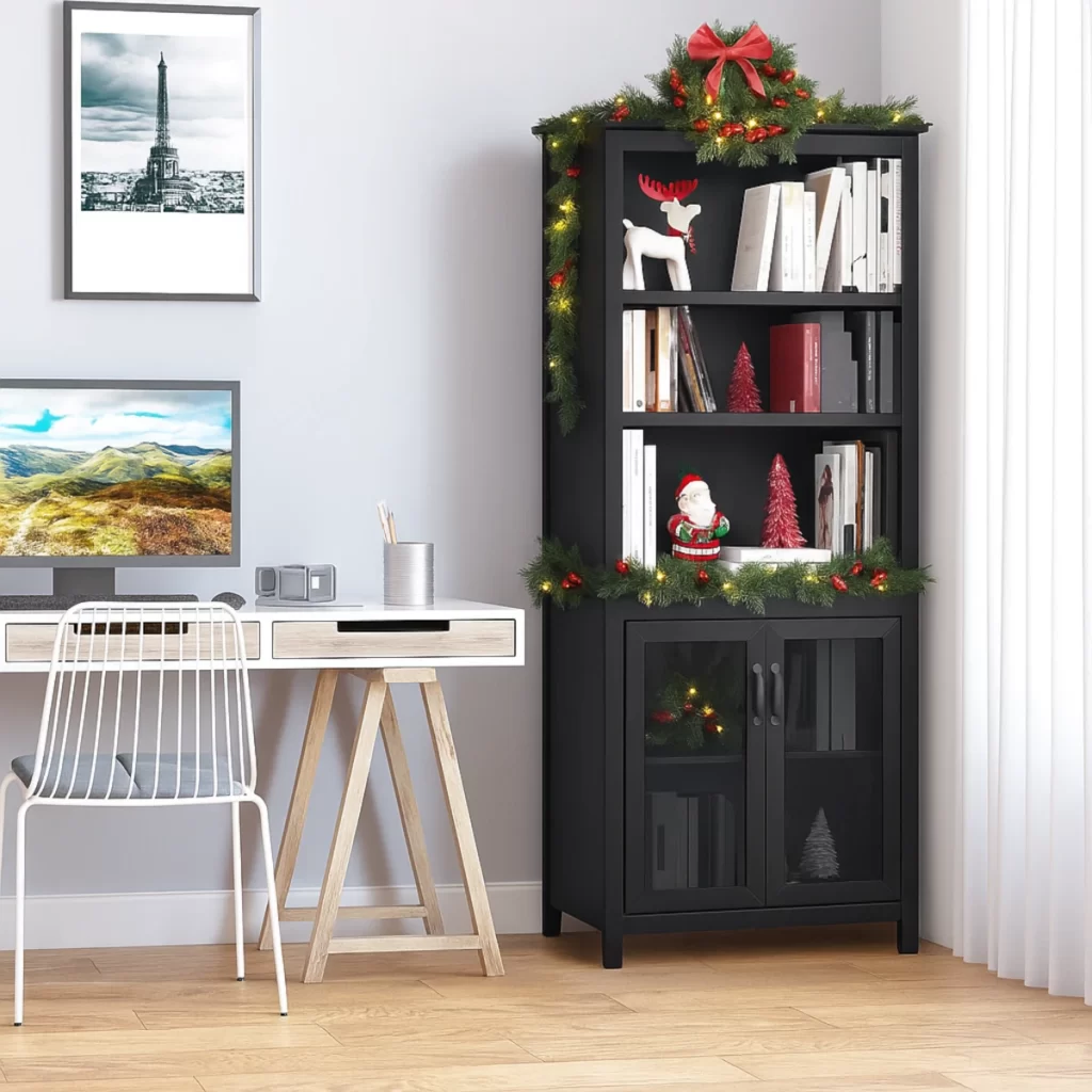 Black bookcase decorated with Christmas garland and ornaments in a home office.
