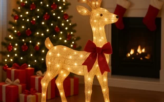 Light-up reindeer with red bow beside Christmas tree and fireplace.