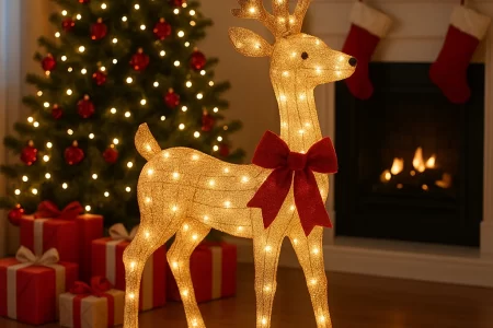 Light-up reindeer with red bow beside Christmas tree and fireplace.