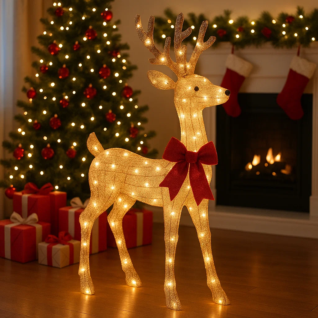 Light-up reindeer with red bow beside Christmas tree and fireplace.