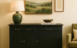 Black sideboard styled with lamp and framed art in cozy room.