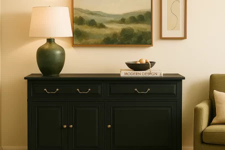 Black sideboard styled with lamp and framed art in cozy room.