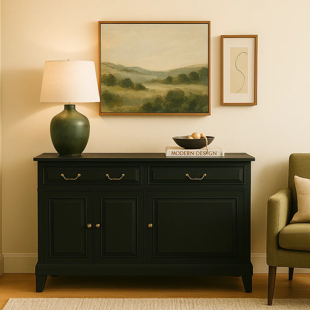 Black sideboard styled with lamp and framed art in cozy room.