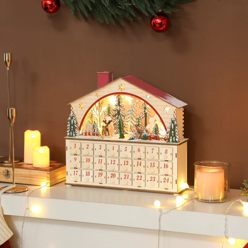 Light-up wooden advent calendar with forest trees and reindeer.