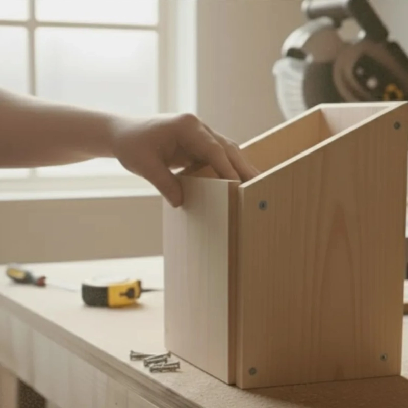 Person attaching a hinged wooden side door onto a small box frame.
