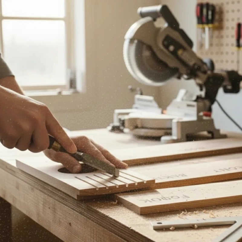 Person chiseling shallow horizontal grooves into a wooden board.