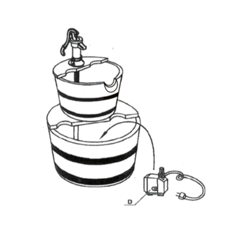 water pump being connected inside lower barrel with tubing routed up to top bucket.