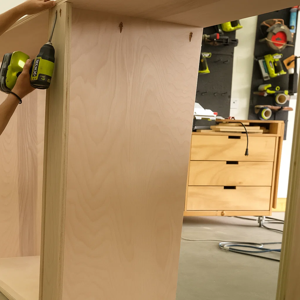Carpenter using a power drill to secure vertical plywood panels while assembling a pantry cabinet frame.