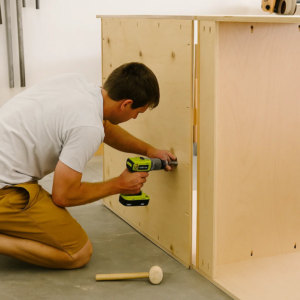 Worker attaching a plywood back panel to a wooden cabinet frame using screws for added stability.