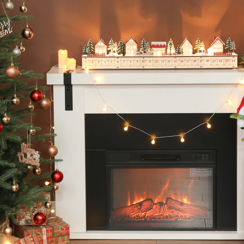 Lighted wooden advent calendar displayed on fireplace mantel.