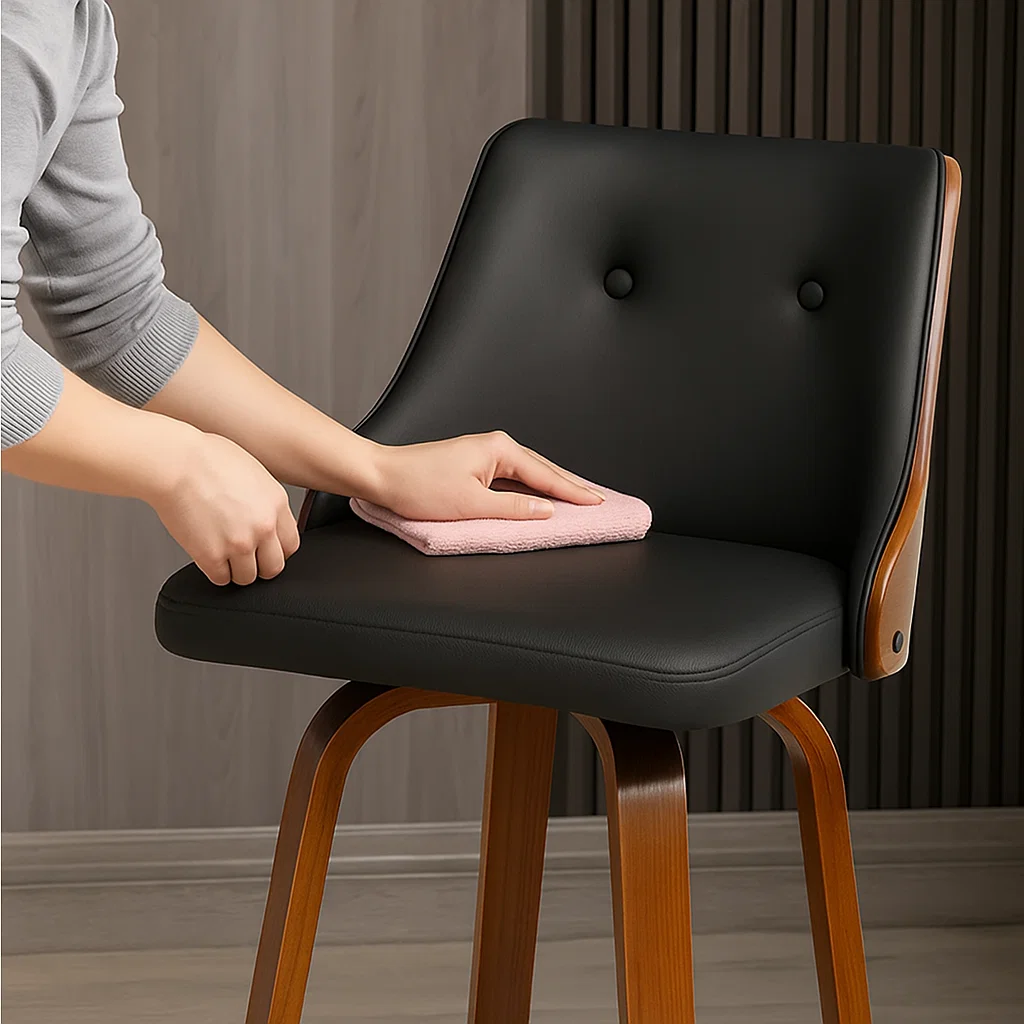 Cleaning leather stool using a clothe dip in soap water