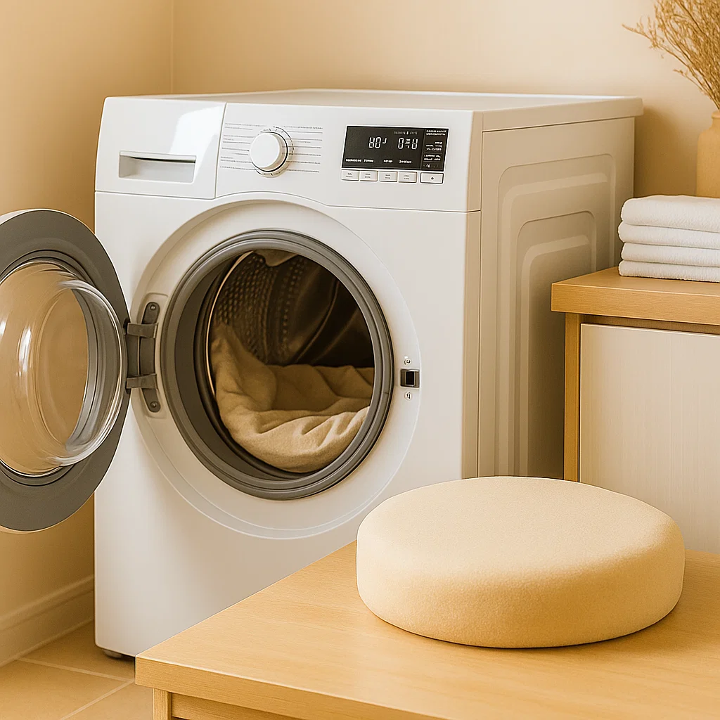 Round pet bed cushion sitting next to an open washing machine.