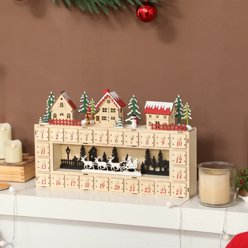 Wooden advent calendar with village rooftops and reindeer silhouette.