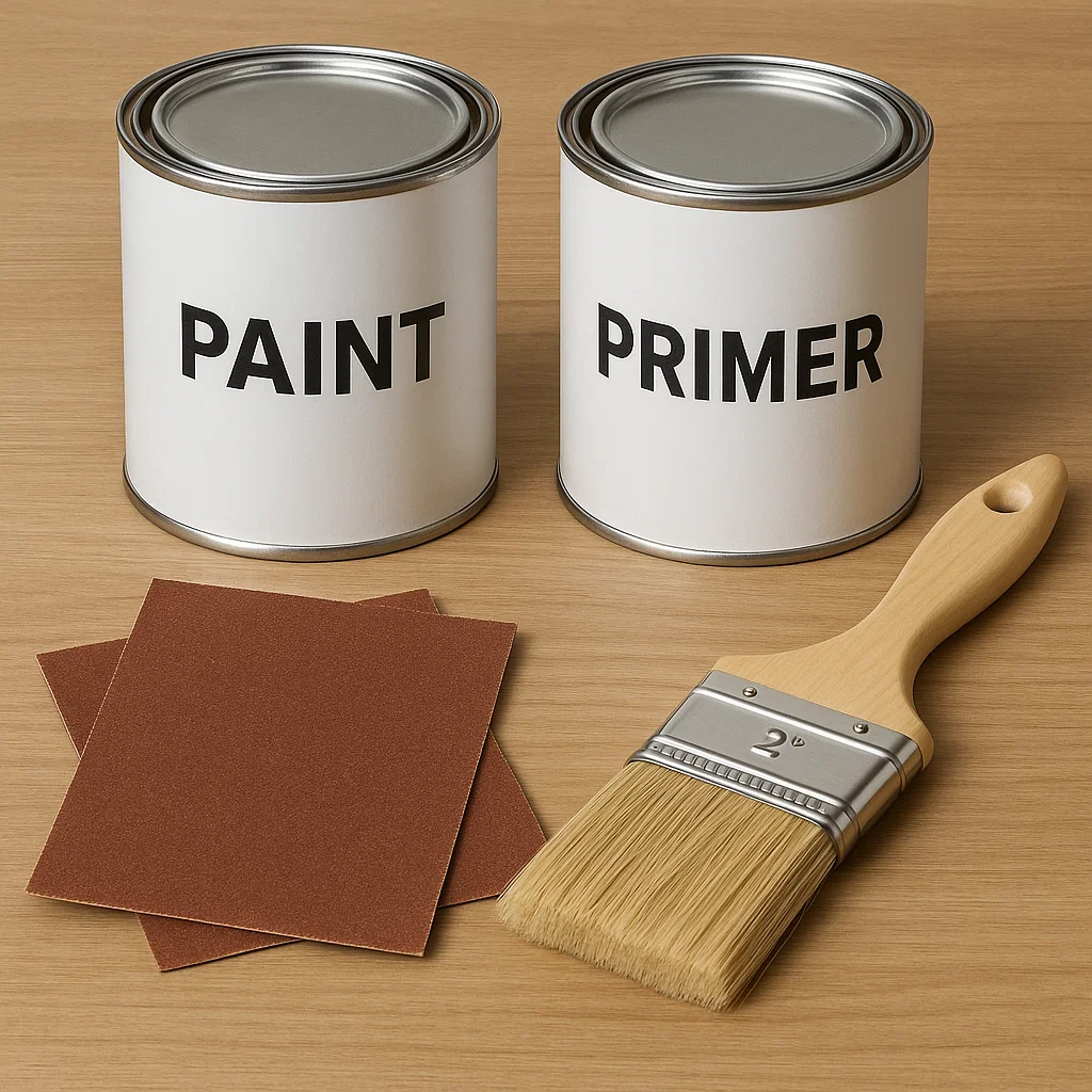 Paint and primer cans with brush and sandpaper on wooden table.
