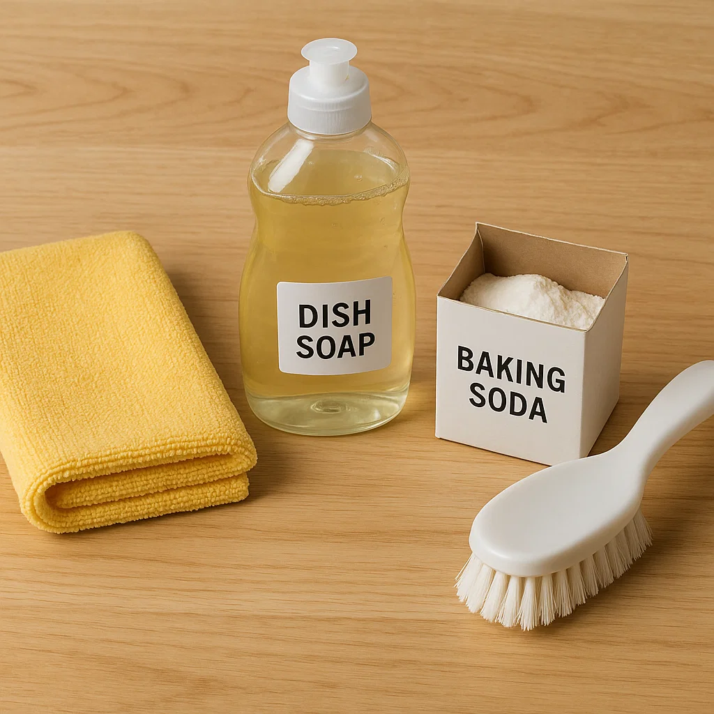 Dish soap, baking soda, cleaning brush, and yellow microfiber cloth on wooden surface.