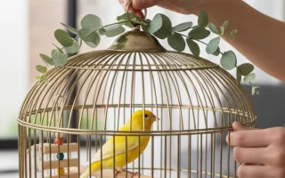 Hand placing greenery on a gold bird cage with a yellow bird perched inside.