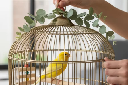 Hand placing greenery on a gold bird cage with a yellow bird perched inside.