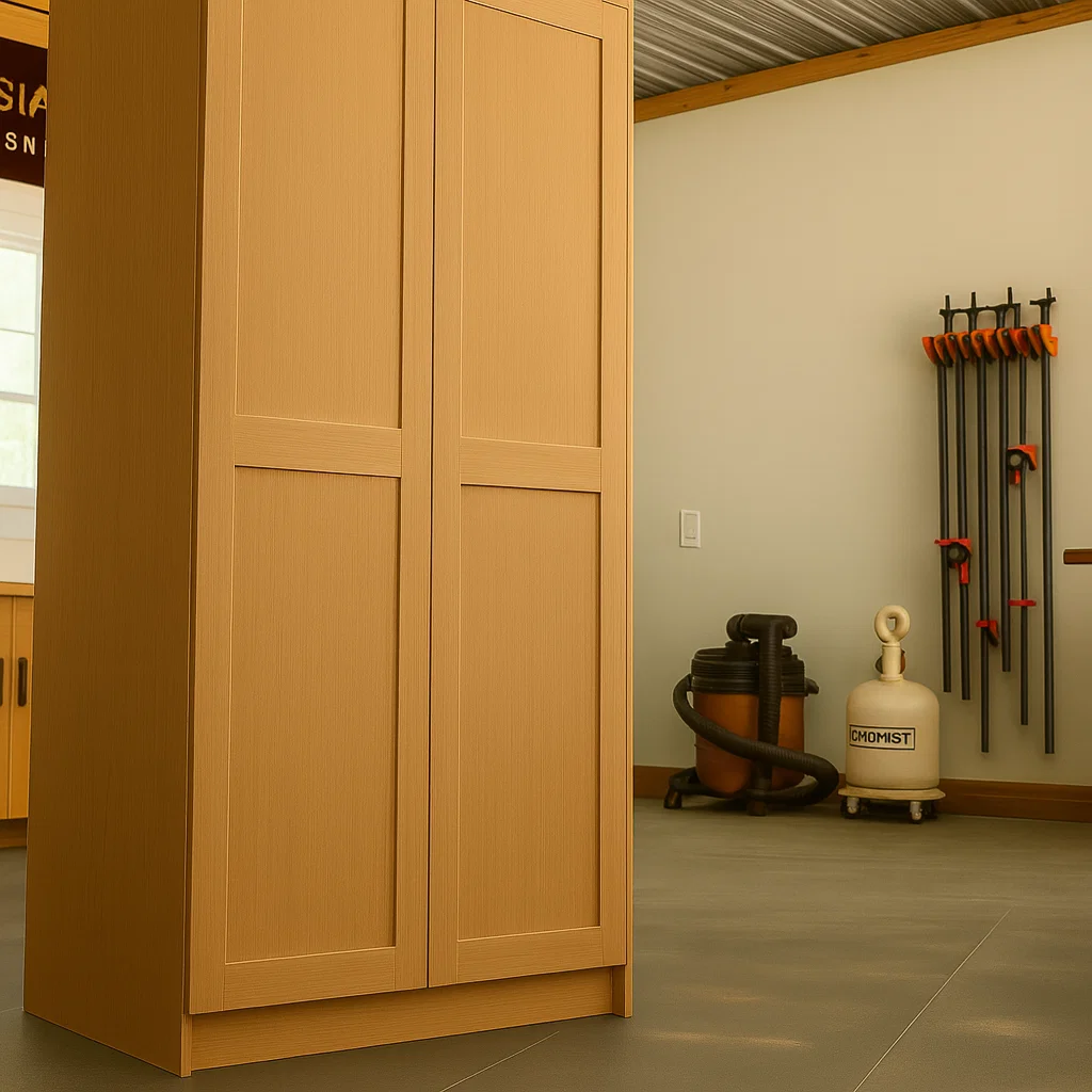 Finished wooden pantry with double doors installed, showing clean alignment and smooth surface finish.