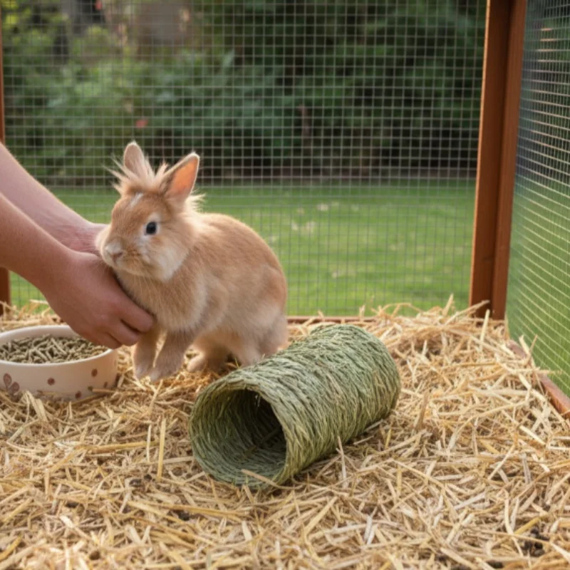 A person gently lifts a rabbit from its hutch lined with hay and toys.