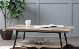 Mid-century coffee table with lower shelf on a cowhide rug.