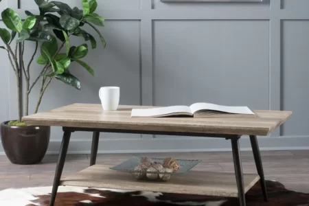 Mid-century coffee table with lower shelf on a cowhide rug.