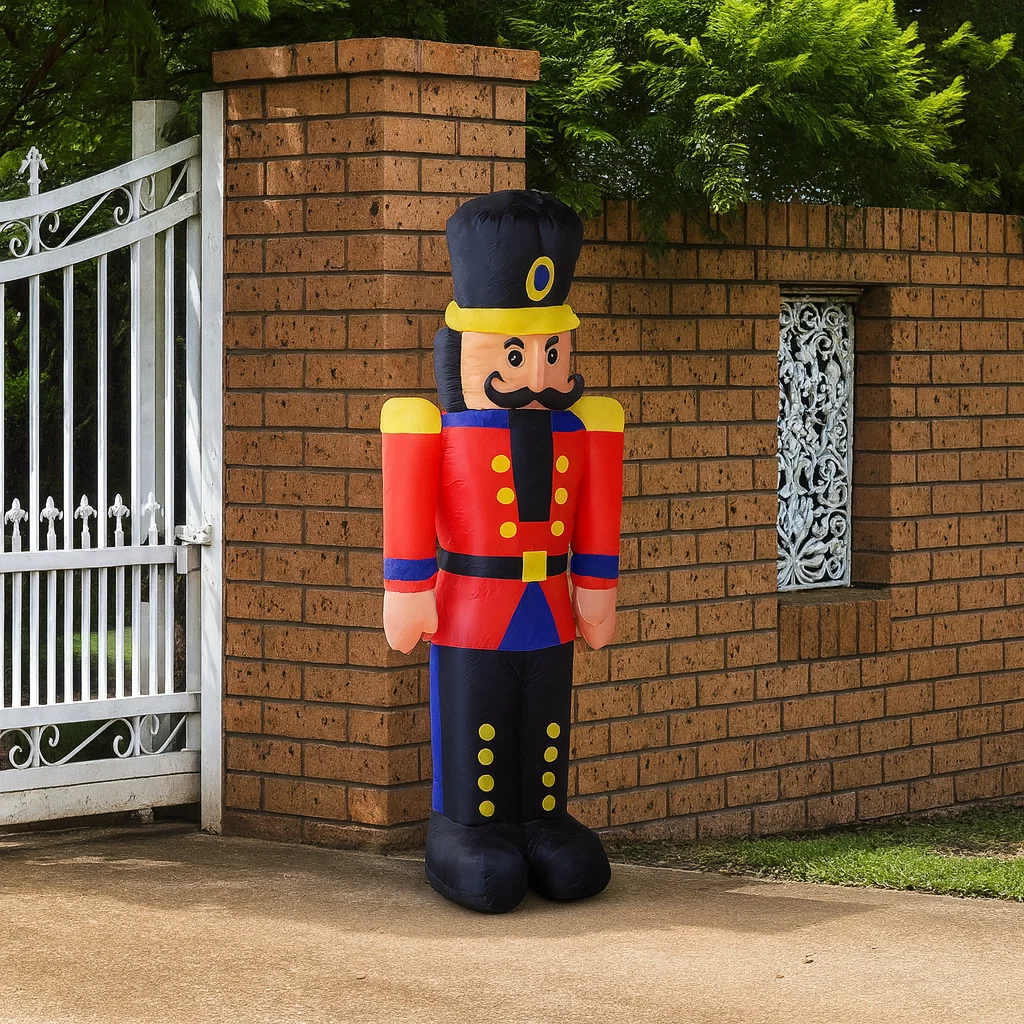 Large inflatable nutcracker soldier standing beside brick wall and white gate outdoors.