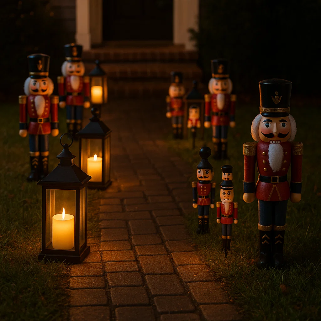Nutcracker figures lining garden pathway with glowing lanterns at night.
