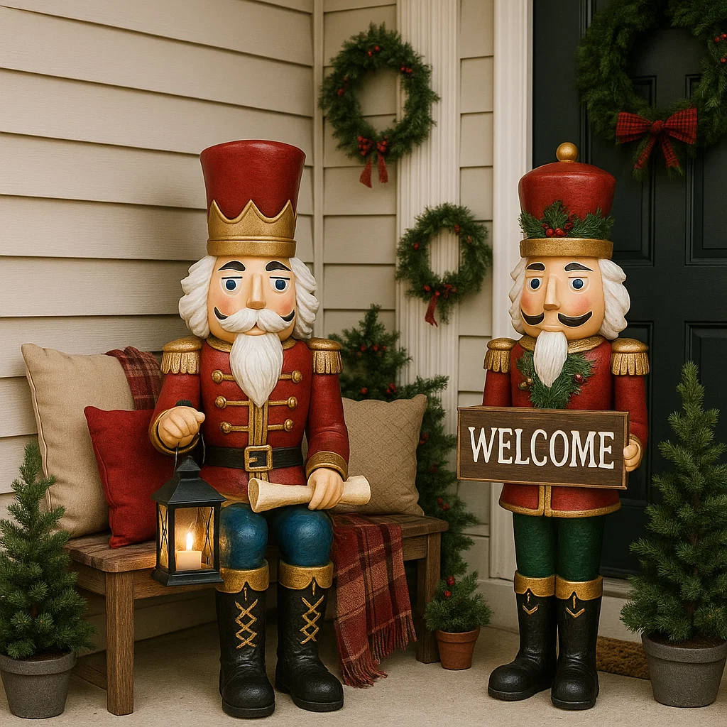 Two nutcrackers on porch, one holding welcome sign, one with lantern.