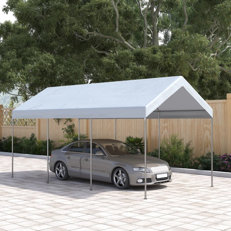 Gray sedan parked under white outdoor carport canopy on tiled driveway.