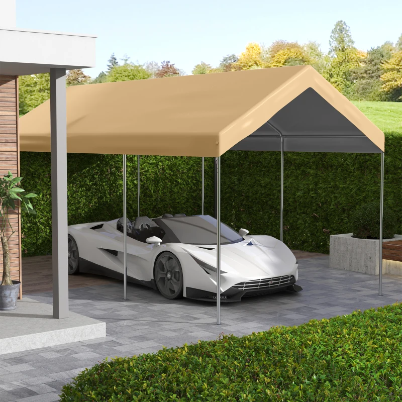 Beige carport shelter protecting sports car near green hedges.