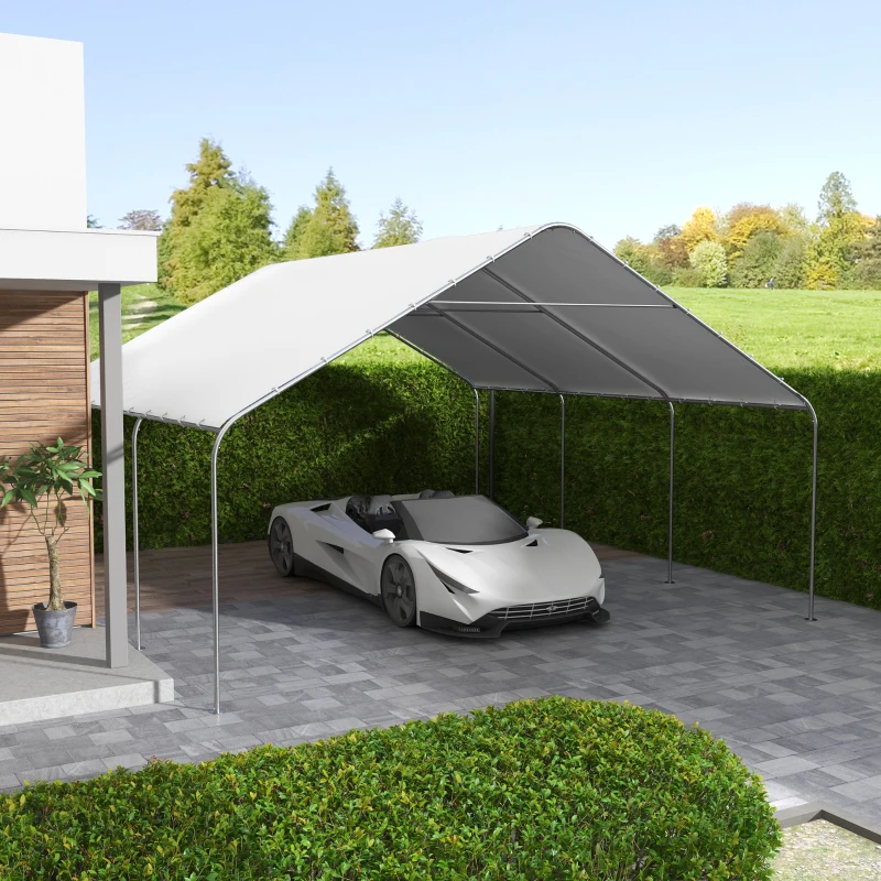 White canopy carport sheltering sports car on paved outdoor area.