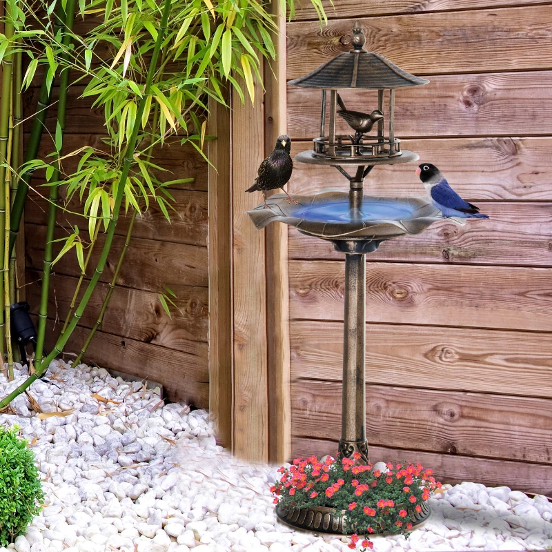 Versatile bird bath with integrated feeder and planter, ideal for outdoor spaces.
