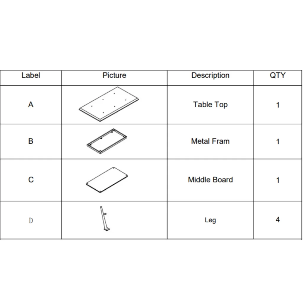 Diagram listing table top, frame, middle board, and leg parts.