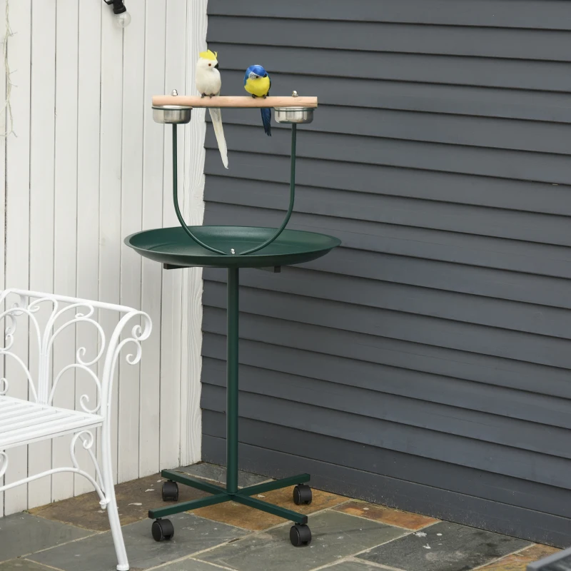 Rolling bird training stand with multiple perches, ideal for bird activities.
