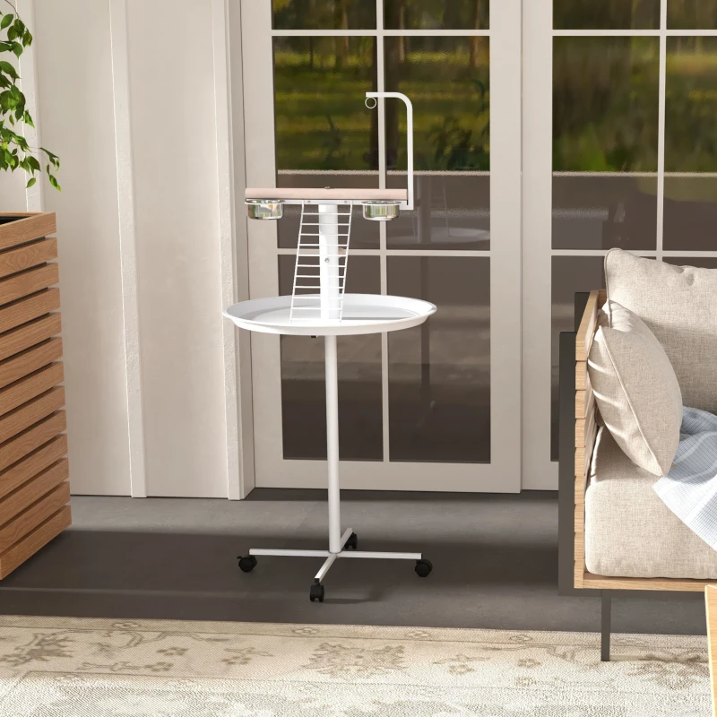 Mobile bird stand with bowls, ladder, and perches for active bird training.
