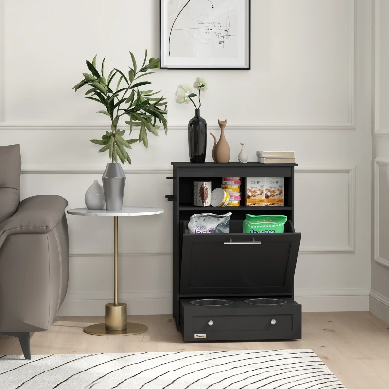 Black pet feeding cabinet storing food and supplies beside sofa.