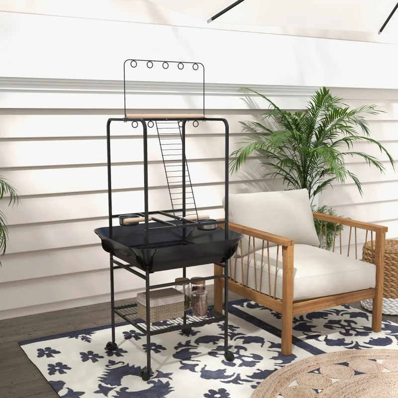 Heavy-duty bird stand with shelves and a pull-out tray for easy cleaning.
