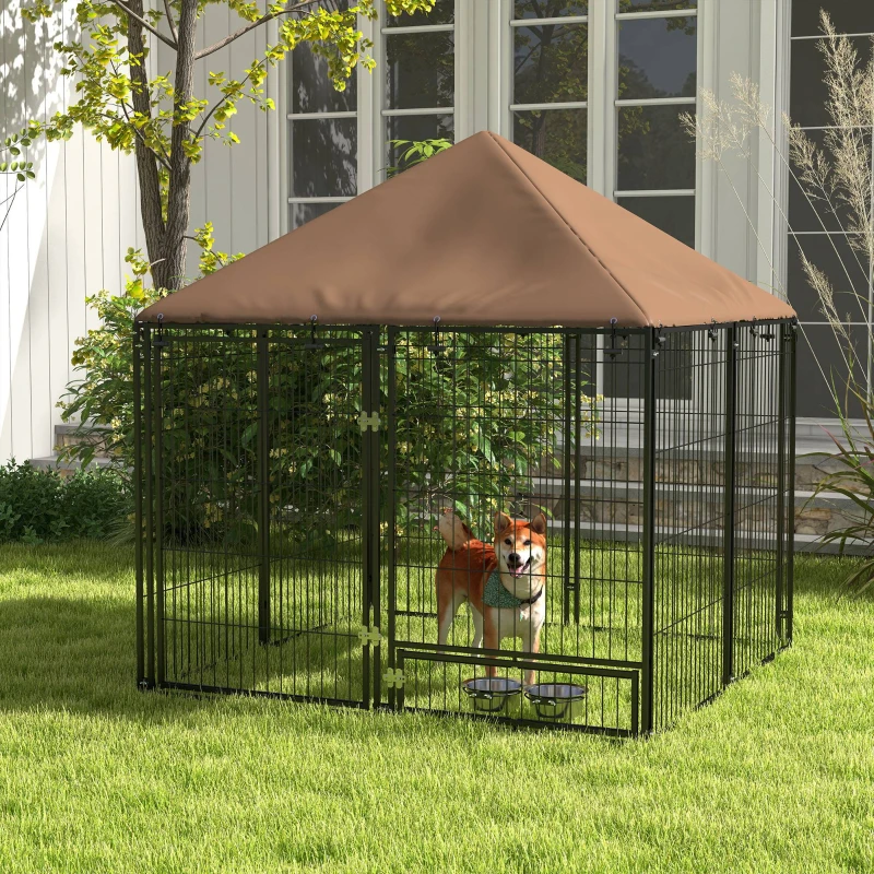 Dog standing inside outdoor metal kennel with brown roof cover.