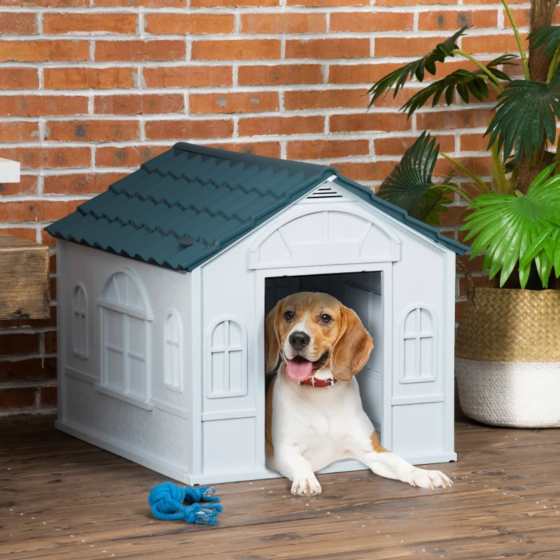 beagle lying inside a durable plastic outdoor dog house with decorative windows.
