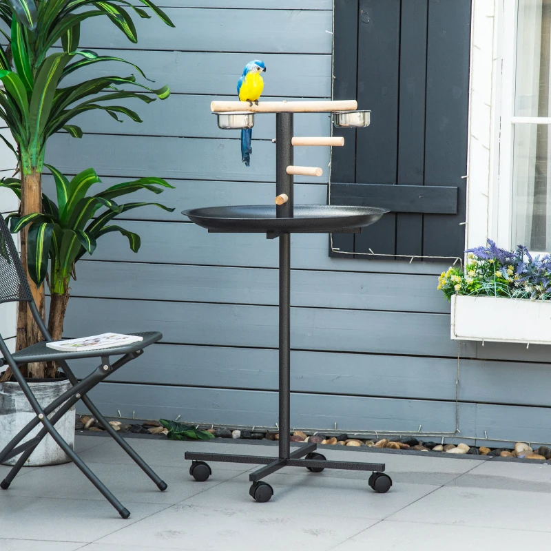 Portable bird play stand with bowls, wheels, and a sturdy design for active play.
