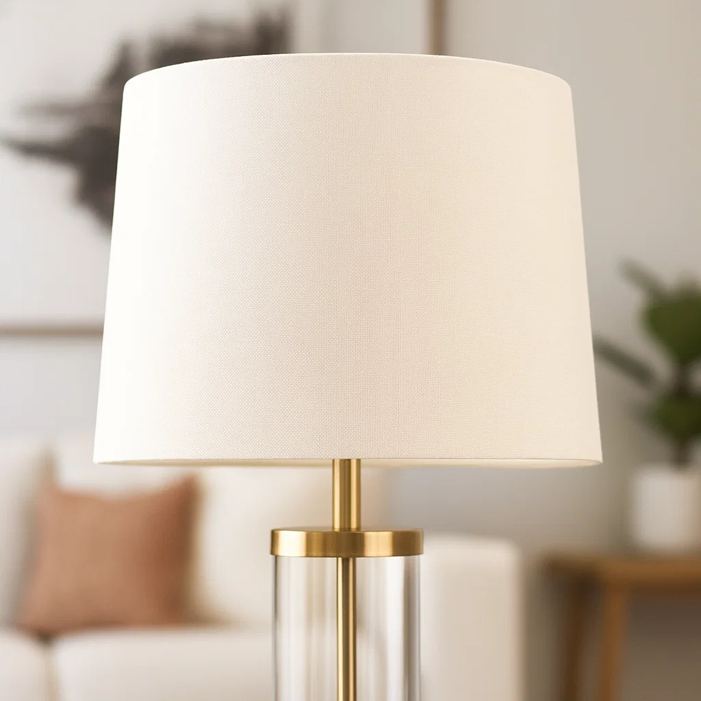 Cream fabric lampshade with golden rod in a cozy living room setting.