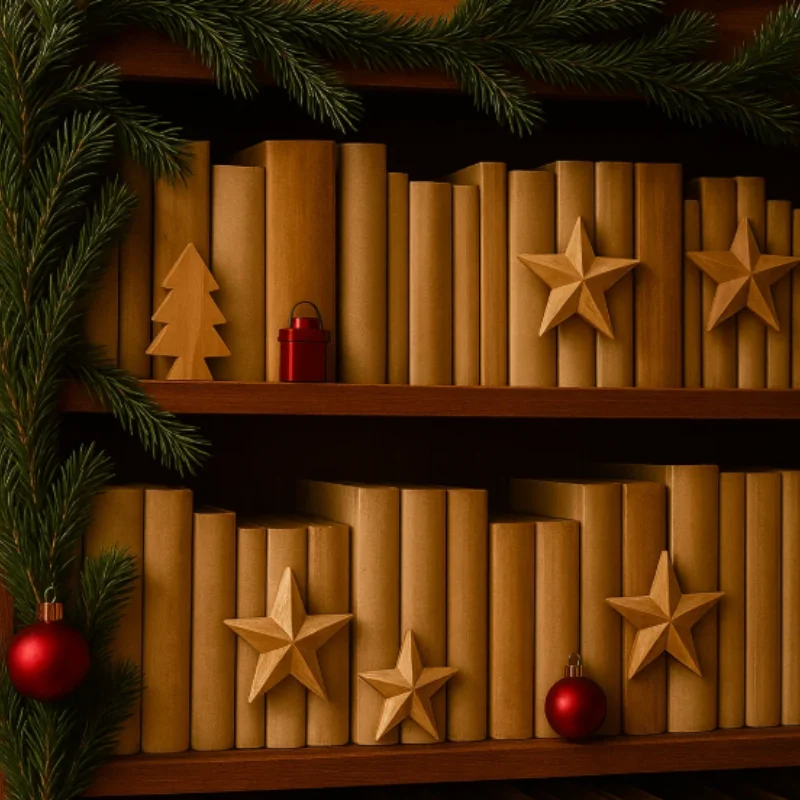 Close-up of a decorated bookshelf with uniform books, garland, stars, and red baubles.