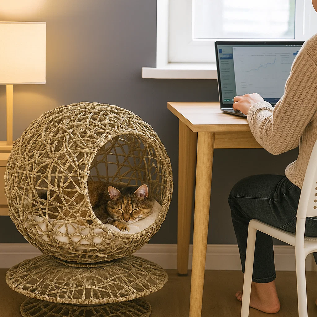 cat sleeping in woven sphere bed beside person working