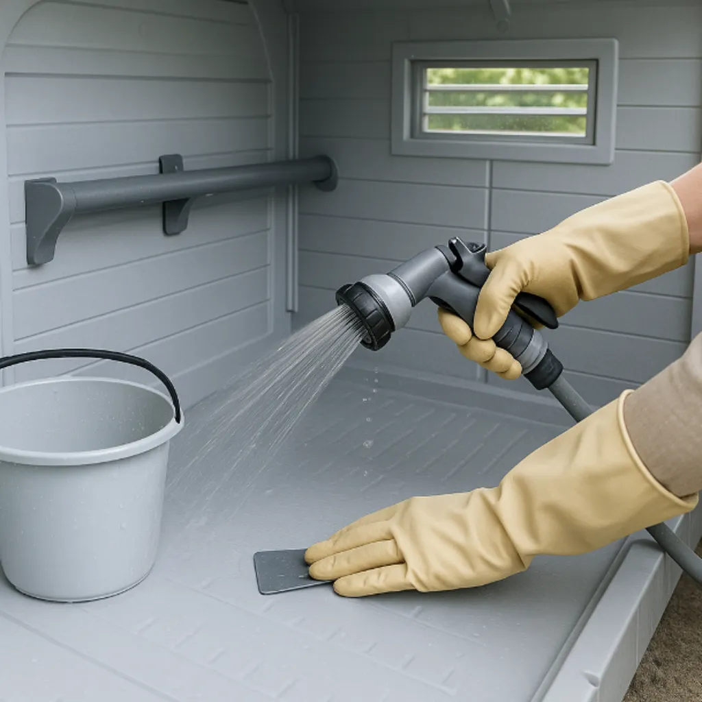 Rinsing the inside of a plastic coop with a hose and bucket.