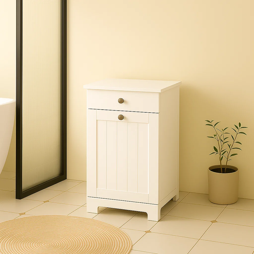 Clean white wooden bathroom cabinet beside bathtub and potted plant.