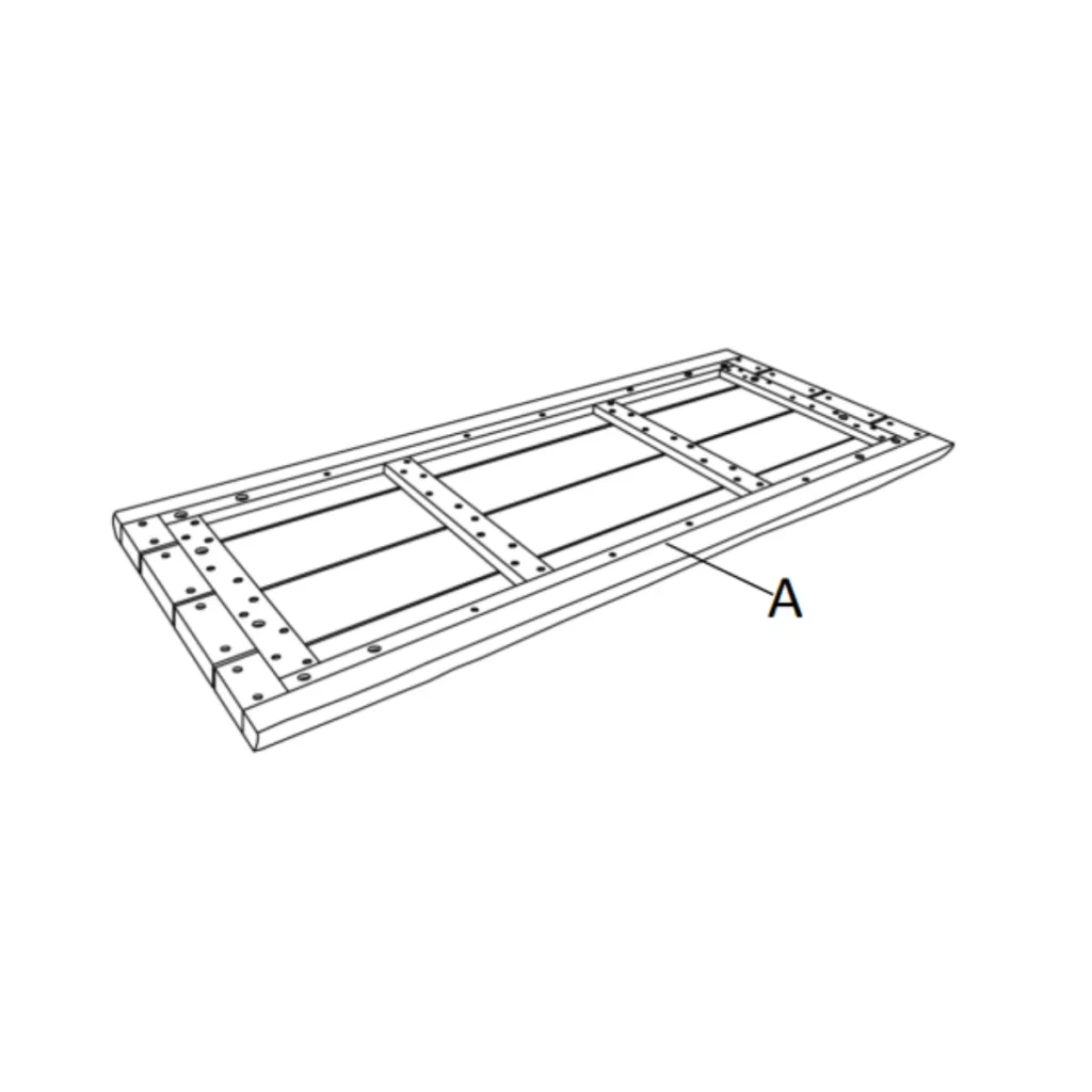 Diagram showing underside of wooden table top labeled for leg attachment.
