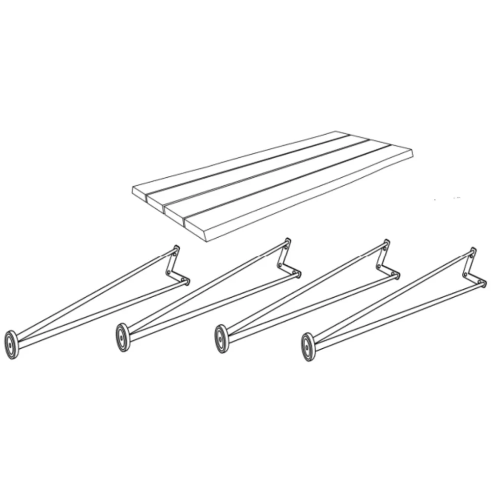Illustration displaying table top and four detached metal legs before assembly.
