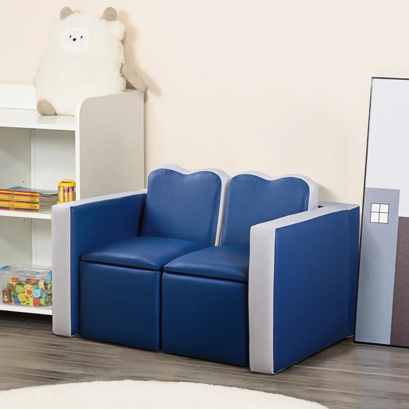 Blue and grey children’s armchair placed beside a toy shelf in playroom.