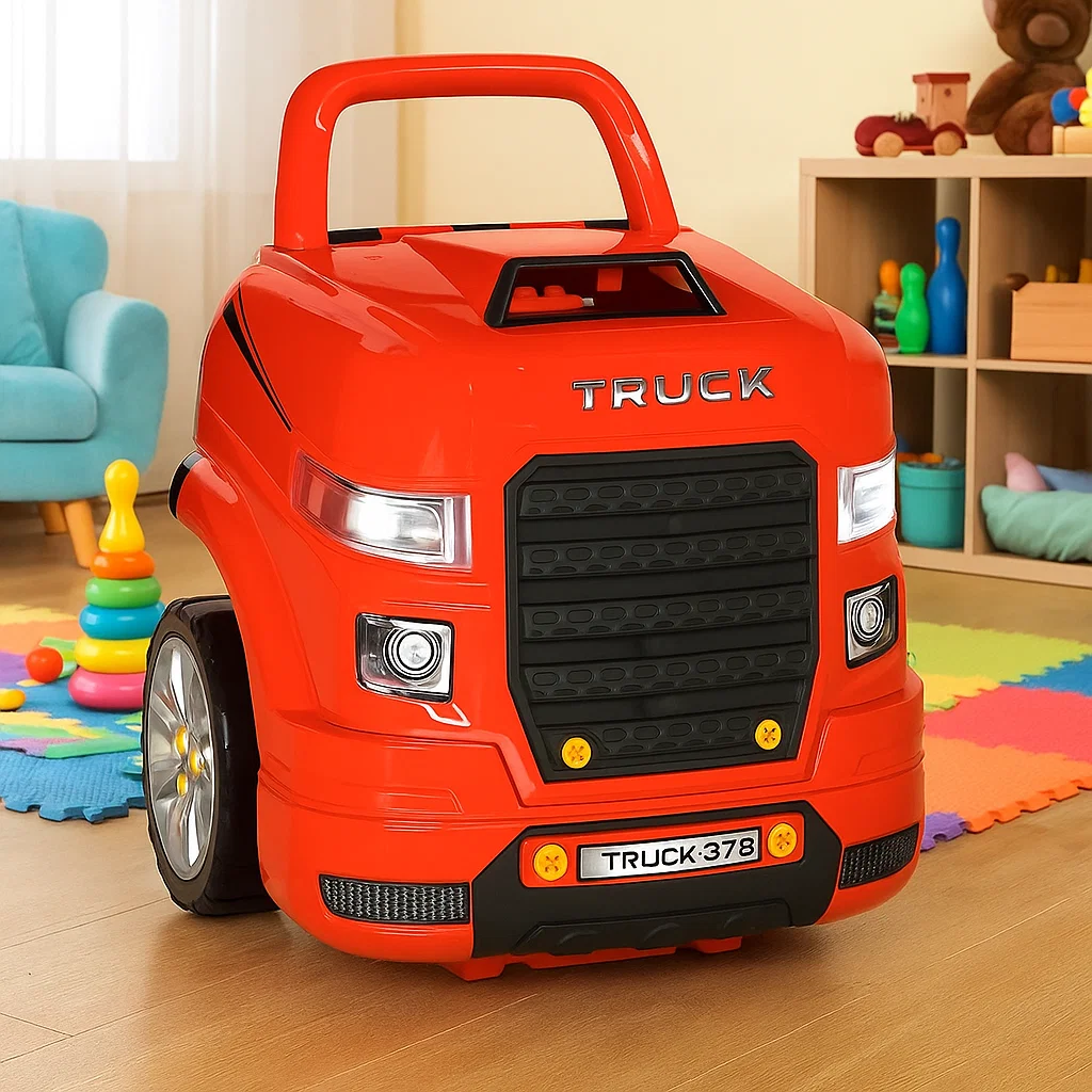 Red toy truck with realistic front lights in colorful playroom.