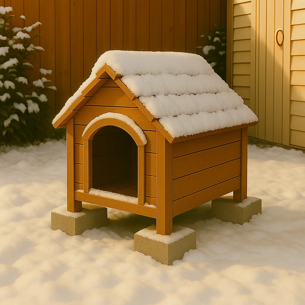 Dog house elevated on concrete blocks with snow-covered roof and ground.